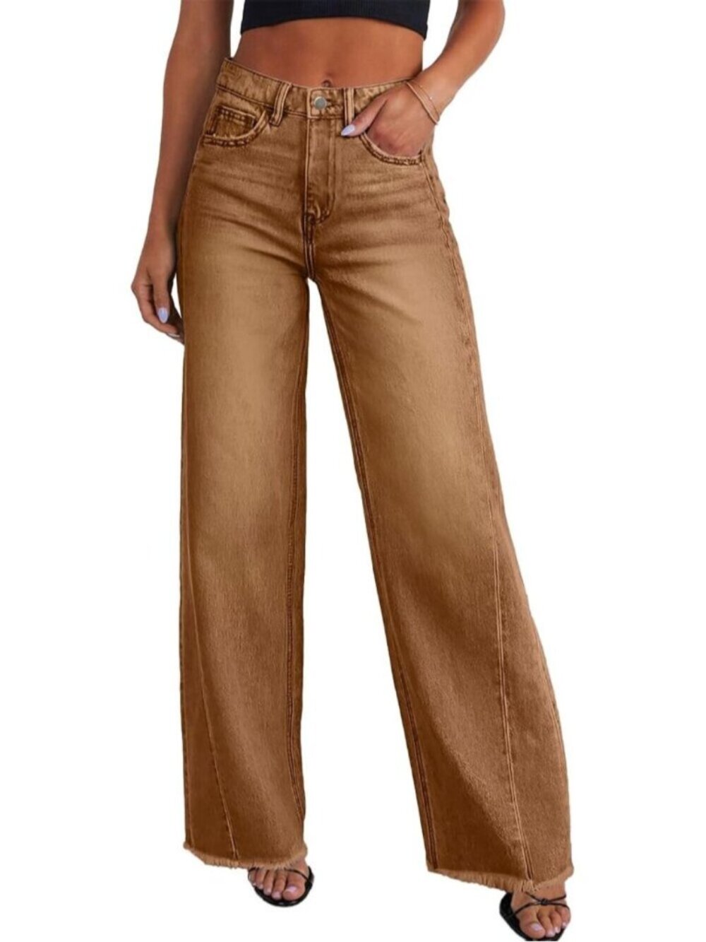 Women's Brown Leg Jeans High Waisted Stretchy Length Side Seam Denim Pants